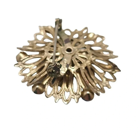 Coro Blue Green Rhinestone Crystal Openwork Flower Brooch Pin Gold Tone Vintage - Picture 3 of 4